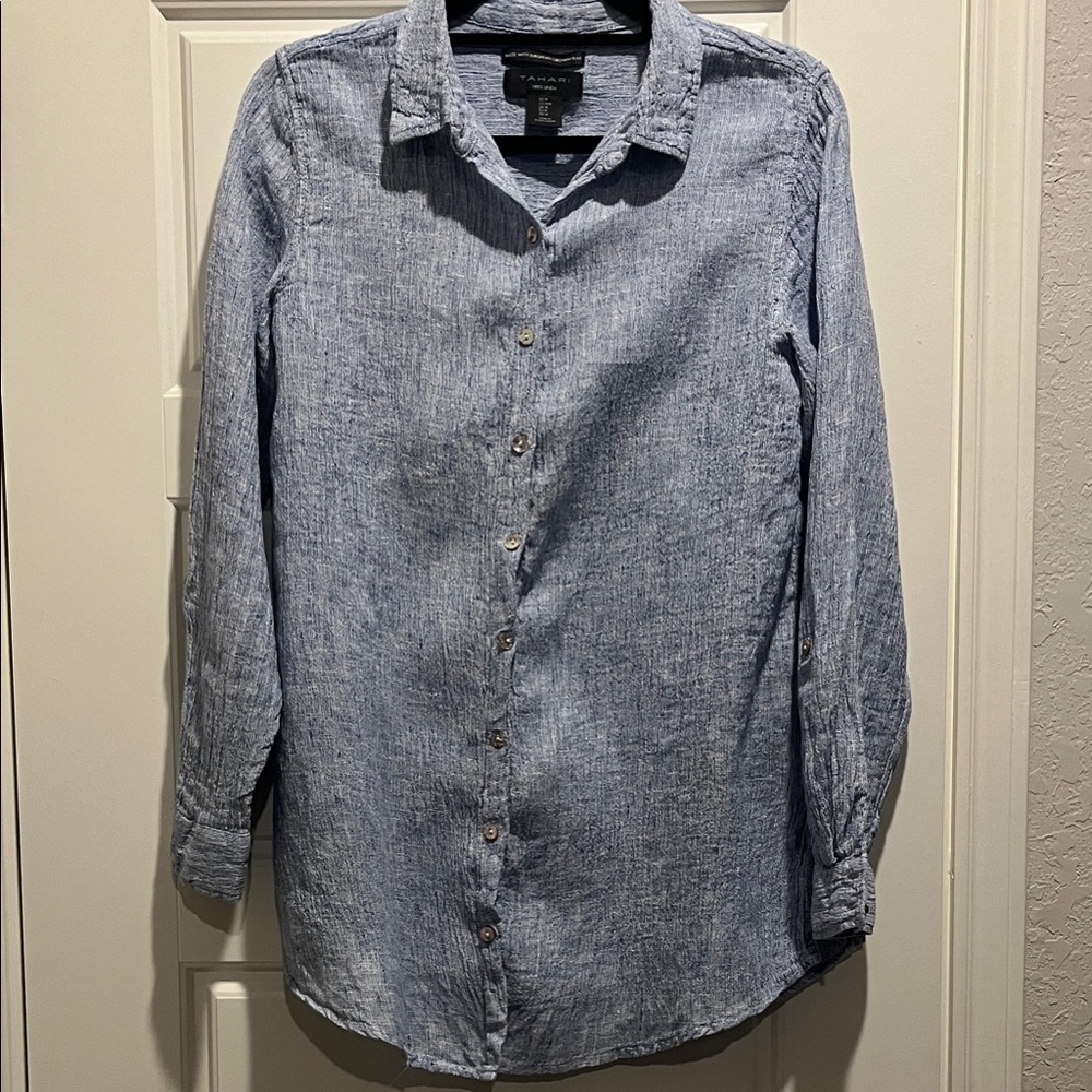 Tahari Light Blue Button-Down Linen Blend Shirt